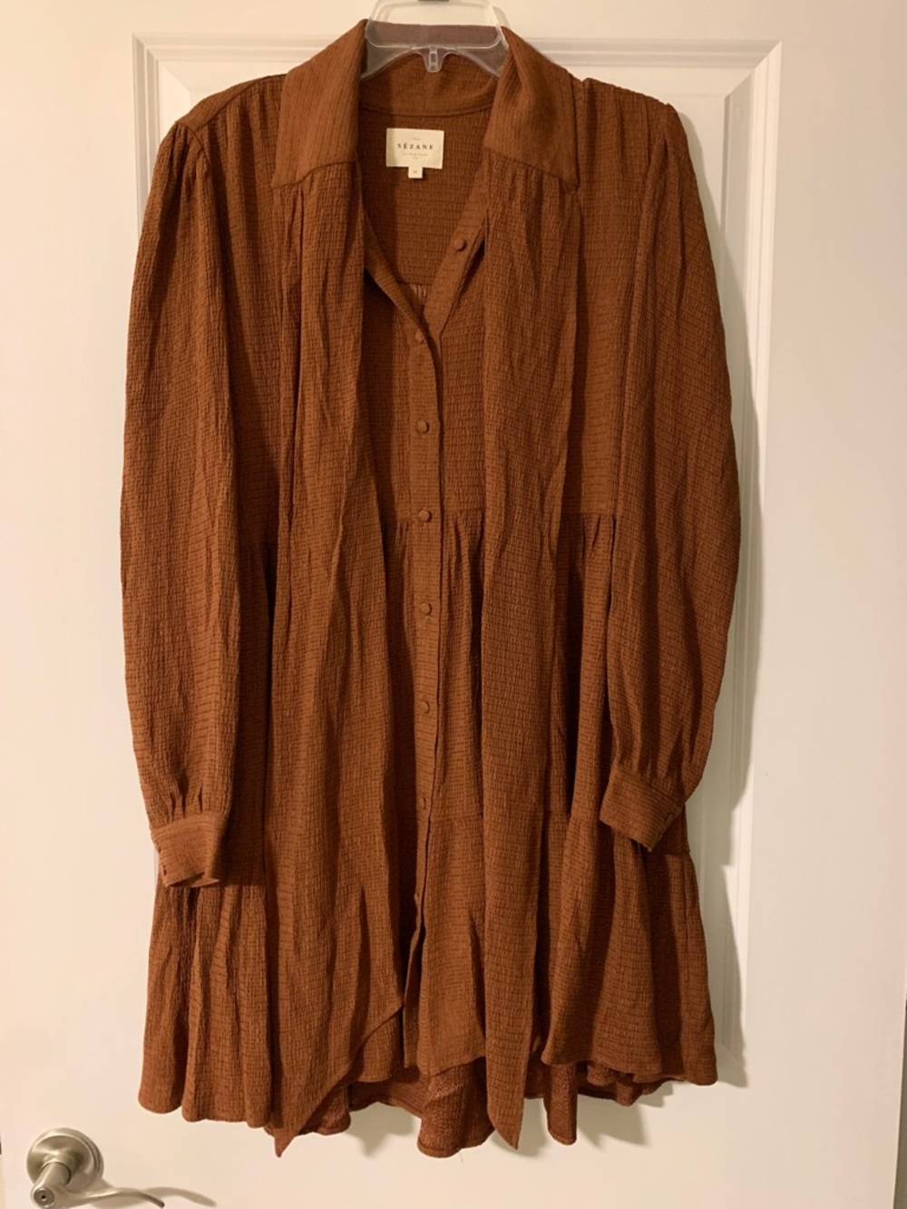 Sezane Burnt Orange Button-Front Tiered Dress